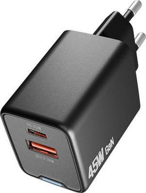 Hytech HY-XEG45 Type USB-C 45W PD + 18W USB QC 3.0 GAN Siyah Hızlı Ev Şarj Adaptörü - Image 1