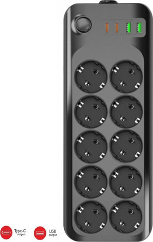 Termal Akım Korumalı USB ve Type-C 2.1A Şarj Çıkışlı 10A 2500W 10'lu Uzatma Grup Priz 3423 - Image 1