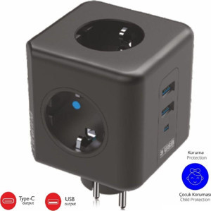 Termal Akım Korumalı USB Ve Type-C 2.1A Şarj Çıkışlı 10A 2500W 3'Lü Priz 3440 - Image 1