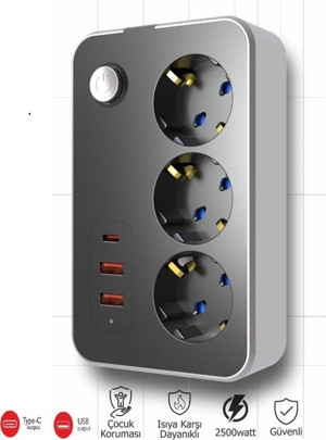 Termal Akım Korumalı USB Ve Type-C 2.1A Şarj Çıkışlı 10A 2500W 3'Lü Uzatma Grup Priz 3414 - Image 1
