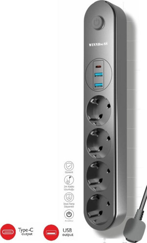 Termal Akım Korumalı Usb Ve Type C 2.1a Şarj Çıkışlı 10a 2500w 4'lü Uzatma Grup Priz 3402 - Image 1