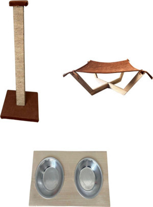 Sonrisa Pets Kedi Tırmalama Tahtası + Ahşap Ayaklı Hamak Kedi Yatağı + 2'Li Ahşap Mama Su Kabı - Image 1