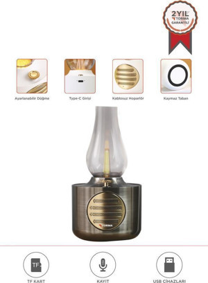 Torima D53 Nikel Vintage Gaz Lambası Taşınabilir Bluetooth Speaker Ayarlanabilir Işıklı USB Şarjlı  - Image 1
