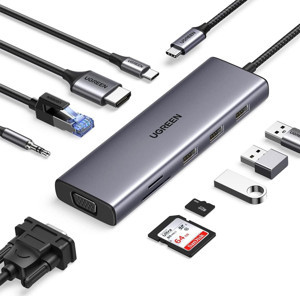 Ugreen Type-C to 3*USB 3.0 4K/30Hz HDMI VGA Gigabit Ethernet Aux SD TF Kart Okuyucu Çoklayıcı Hub Adaptör - Image 1