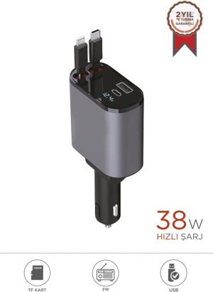 TORİMA G16 120W Süper Hızlı Şarjlı Transmitter Araç Şarj Cihazı – Çift Type-C & Lightning Kablo, Dijital Göstergeli, 80c - Image 1