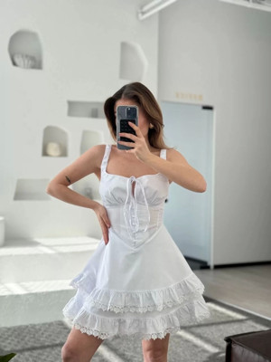 Mini Askılı Elbise - Beyaz - Image 1