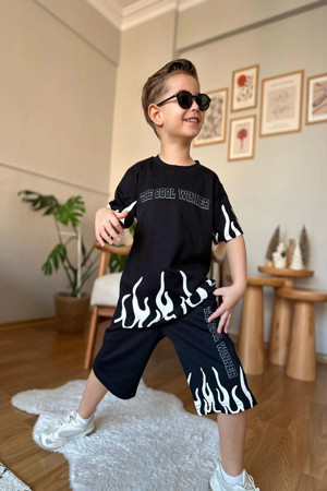 Koçak Kids Yeni Sezon Alev Desenli Siyah Renk Erkek Çocuk Şortlu Takım - Image 1