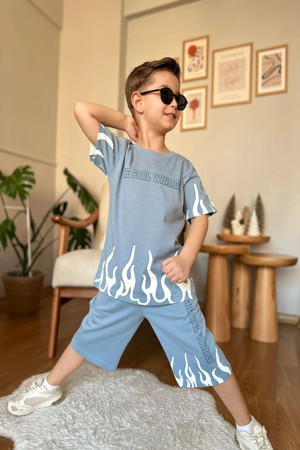 Yeni Sezon Alev Desenli Mavi Renk Erkek Çocuk Şortlu Takım - Image 1