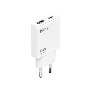 hkm tech EXTRA SLIM GaN 20W USB-A ve Type-C Çift Portlu Hızlı Şarj Aleti, Ultra İnce Güç Adaptörü, Beyaz - Image 1