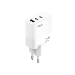 hkm tech GaN MULTI 65W USB-A ve 2*Type-C Üç Portlu Hızlı Şarj Aleti, Güç Adaptörü, Beyaz - Image 1