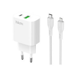 hkm tech BOLT DUO 20W USB-A ve Type-C Çift Portlu Hızlı Şarj Aleti, Lightning Kablo ve Adaptör Seti, Beyaz - Image 1