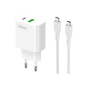 hkm tech BOLT DUO 20W USB-A ve Type-C Çift Portlu Hızlı Şarj Aleti, Type-C Kablo ve Adaptör Seti, Beyaz - Image 1