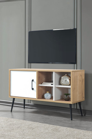 Evmo Home 3111 Şile Metal Ayaklı Metal Kulplu 100 Cm Tv Ünitesi - Beyaz Safir - Image 1