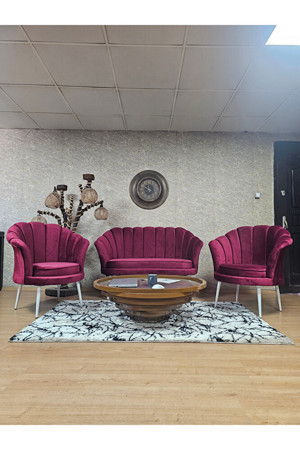 İstiridye Takım Beyaz Boyalı Sivriltme Ayak Çay Seti Koltuk Takımı Bordo Renk 110 x 48 Boyut/Ebat - Image 1