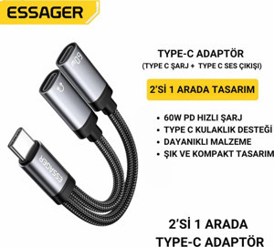 ESSAGER 2in1 Type-C Adaptör | 60W Hızlı Şarj + Type C Kulaklık Çıkışı, Hifi Ses ve Hızlı Şarj Adaptörü - Image 1