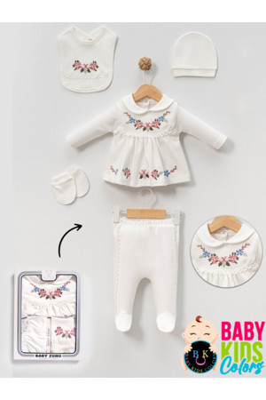 Baby Kids Colors Kutulu- Bebek Yaka Yenidoğan Kıyafetleri 5'Li Hastane Çıkış Setleri Nakışlı Penye Zıbın Seti - Image 1