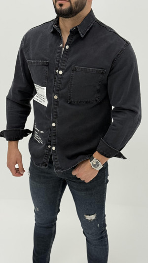 Byediz Jayden Classic Denim Black Dıgıtal Baskılı Vintage Jean Erkek Gömlek  - Image 1
