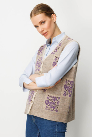 Desen Triko Kadın Pıtırcık Çiçekli Patchwork Keçe Yün Yelek 24084 Bej-Mor - Image 1