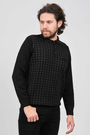 Çizgi Triko Erkek Cep Detaylı Polo Yaka Desenli Kazak 42544216 Siyah - Image 1
