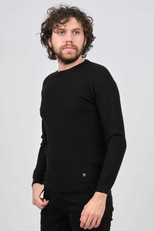Çizgi Triko Erkek Bisiklet Yaka Slim Fit Kazak 42554259 Siyah - Image 1