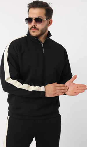 Chester Siyah Beyaz Vintage Yarım Fermuar Şerit Detaylı Baggy Kalıp Erkek Eşofman    - Image 1