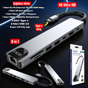 Technow 8 in1 4K Ultra HD Type C USB 3.0 Hub HDMI RJ45 SDTF Adaptör Çoklayıcı  - Image 1