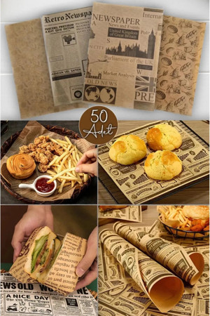 Tafce Kendinden Desenli Yağlı Kağıt | 50 Adet Vintage Gazete Desen Sunum Kağıdı | Karışık Desen - Image 1