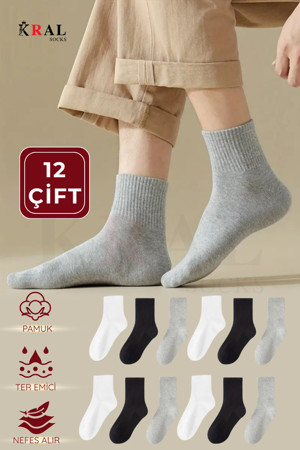 Kral Socks 12 Çift Spor Tenis Kolej Çorabı | Pamuklu – Nefes Alabilir – Unisex - Image 1