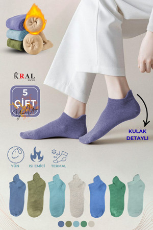 Kral Socks 5 Çift Kadın Yün Termal Kulak Detaylı Isı Emici Kışlık Çorap – Renkli Karışık - Image 1