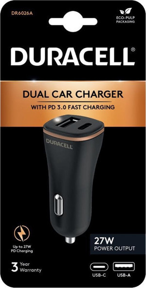 Duracell Car Charger Type-C PD18W +2.4A Black - Image 1
