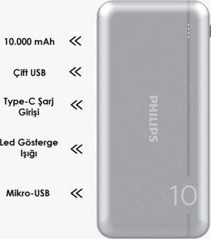 Philips Powerbank Ultra Compact 10000 Mah Dlp Seri DLP1810NV/62 Taşınabilir Çift USB Çıkışı Şarj Cihazı - Image 1