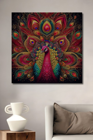 Teona Ahşap Tavus Kuşu Renk Cümbüşü Yağlı Boya Görünümlü Dekoratif Ahşap Dikdörtgen Ev,İşyeri Duvar Tablo - Image 1