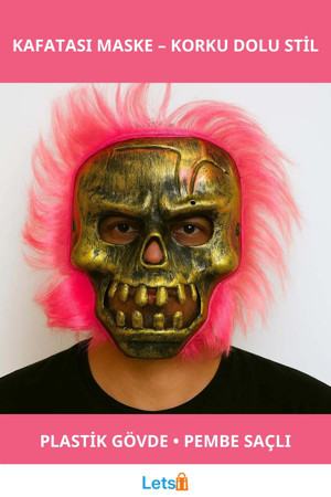 Letsii Bakır Kafatası Pembe Saçlı İskelet Maske Cadılar Bayramı Aksesuarı - Image 1