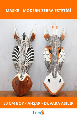 Letsii Ahşap Zebra Figürlü Duvara Asmalı Dekoratif Maske 50 cm - Image 1