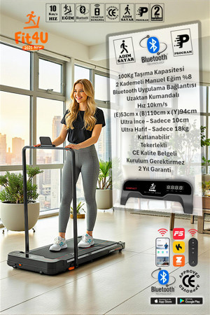 FIT4U Adımsayar, Program, Bluetooth, CE Belgeli, Eğim Ayarlı, Kumandalı, 10km Hız, Katlanabilir Koşu Bandı - Image 1