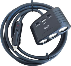 Geseus Araç Çakmak Uzatma Kablosu Çakmaklık Çoklayıcı USB, Type-C çıkışlı 12 Volt 10 Amper 120 WAT 2 X1,5mm TTR Bakır 2 Mt-Siy - Image 1