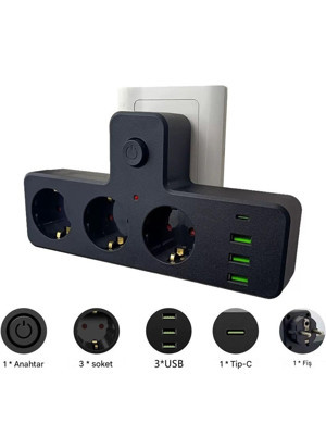 Techmaster Akım Termal Çocuk Korumalı 3x Usb 1x Type-C Girişli 3lü Priz - Image 1