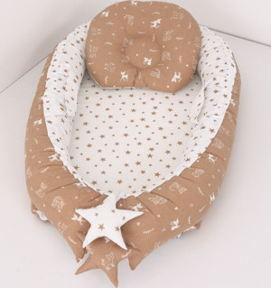 Umay Bebek Babynest, Bebek Uyku Yatağı 0-2 Yaş - Kahve Kedi Desen Yıldız - Image 1