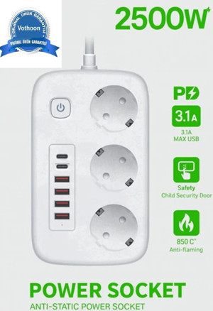 Vothoon Akım Korumalı Priz ve Masaüstü Şarj İstasyonu Kablosuz 3 Priz ,4 USB, 2 Type-C Girişli 2 Metre - Image 1