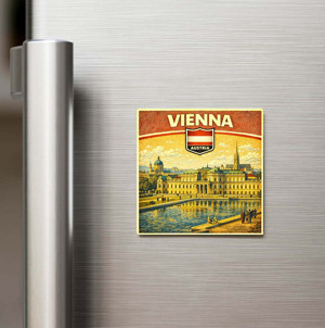 Retro Avusturya Viyana Şehri Temalı Vintage Baskılı Buzdolap Magneti Kare – 9x9 cm - Image 1