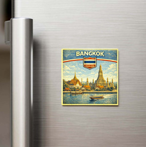 İberk Retro Tayland Bangkok Şehri Temalı Vintage Baskılı Buzdolap Magneti Kare – 9x9 cm - Image 1