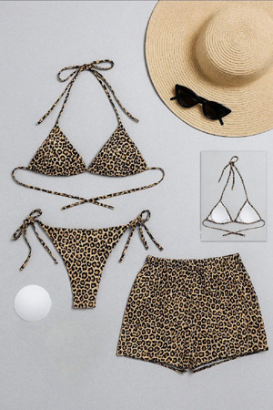 Luord Store Kadın 3'Lü Set Leopar Desenli Şortlu Ve Yandan Bağlamalı Bikini Mayo Takımı – Modern, Konforlu Ve Gü - Image 1
