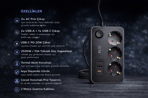 Rose Teknoloji TERMAL AKIM KORUMALI 3 PRİZ 2 USB 1 TYPE-C GİRİŞLİ 2 M UZATMA KABLOLU PRİZ - Image 1