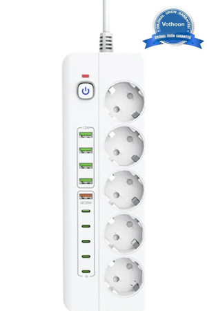 3500W Akım Korumalı 5’li Grup Priz: 5x USB + 5x Type-C Çıkışlı (2 Metre) - Image 1