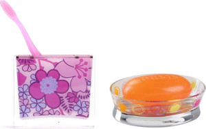 Bosphorus Diş Fırçalık Sabunluk 2 Li Banyo Seti,Pembe Çiçekli Akrilik - Image 1