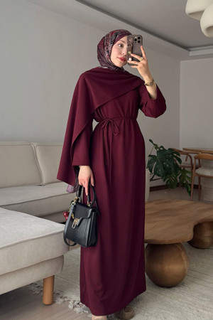 Ceylan Otantik Bordo Şal Yaka Elbise - Image 1