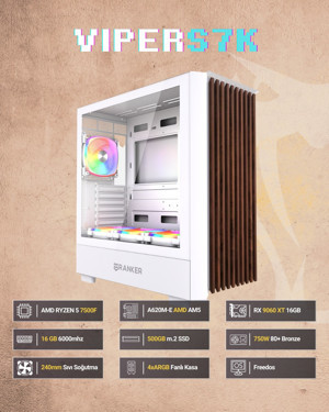 Sinerji Viper S7K Sapphire Radeon RX9060XT Pulse 16GB Ryzen 5 7500F 16GB DDR5 500GB NVMe M.2 SSD OEM Paket - Image 1