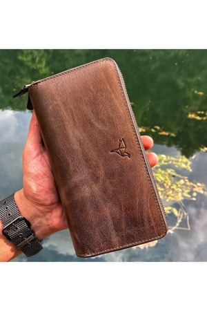 Garbalia Unisex Kahverengi El Yapımı Vintage Deri Telefon Bölmeli El Çantası Cüzdan Kartlık - Image 1
