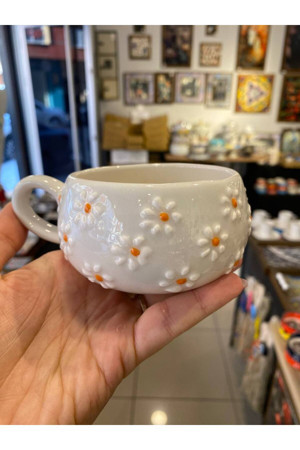 Colorcraft Papatya Desenli Tabaklı Seramik Kupa, Mug, Double Türk, Fltre Kahvesi, Çay Bardağı - Image 1