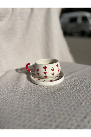 Colorcraft Kalp Desenli Tabaklı Seramik Çay Seti, Kupa, Mug, Double Türk, Filtre Kahvesi - Image 1